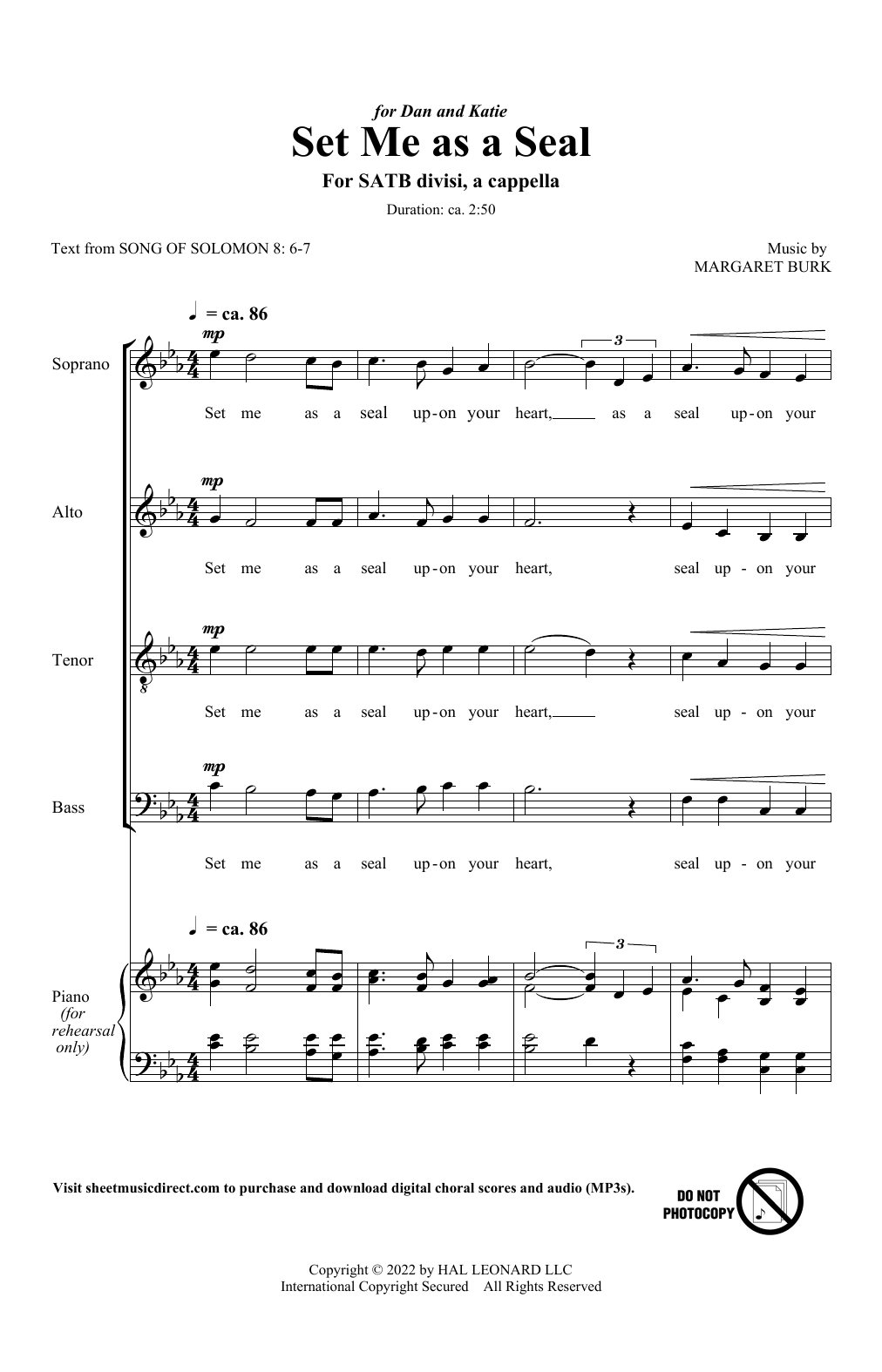 Download Margaret Burk Set Me As A Seal Sheet Music and learn how to play SATB Choir PDF digital score in minutes