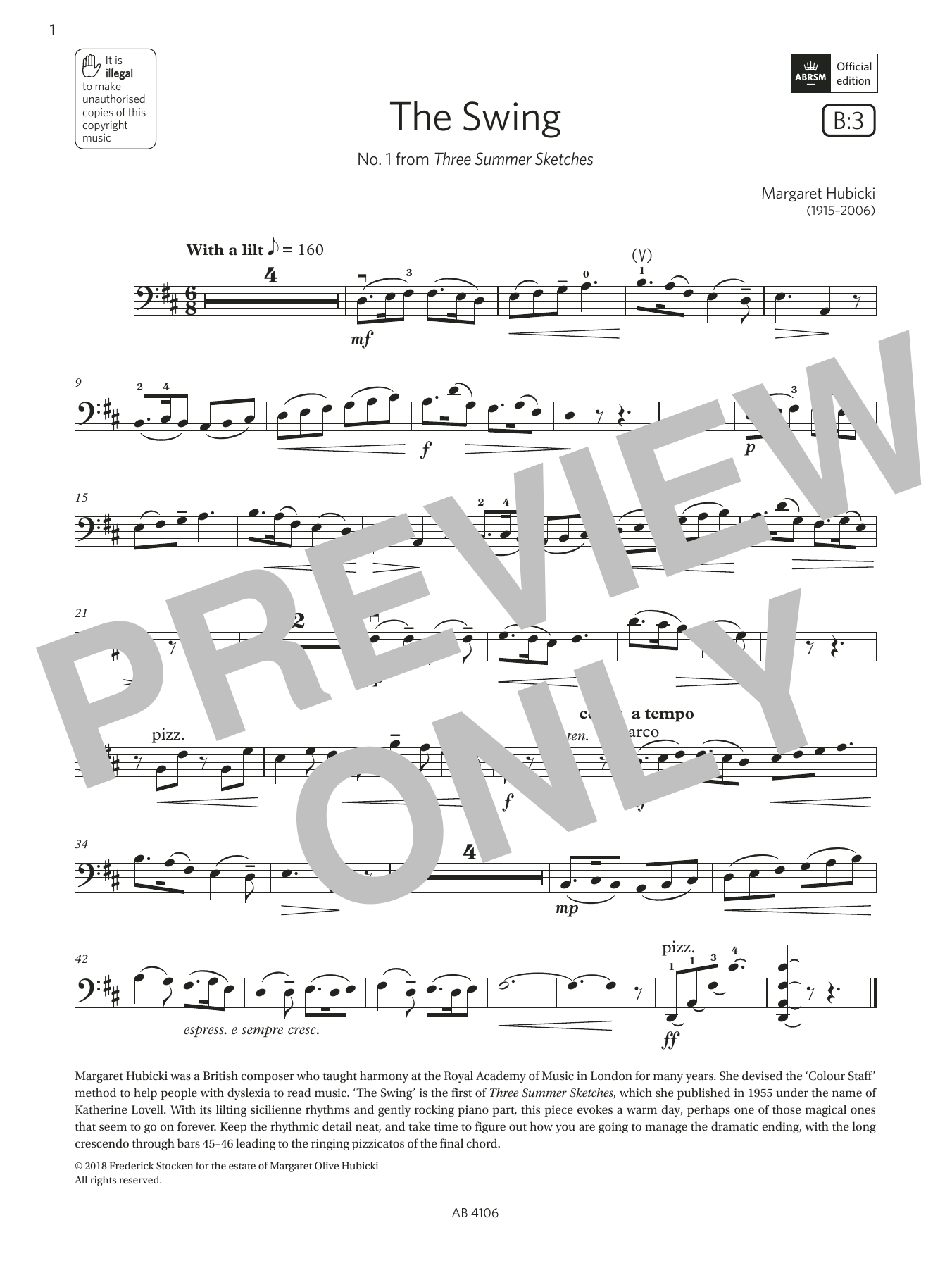 Download Margaret Hubicki The Swing (Grade 3, B3, from the ABRSM Cello Syllabus from 2024) Sheet Music and learn how to play Cello Solo PDF digital score in minutes