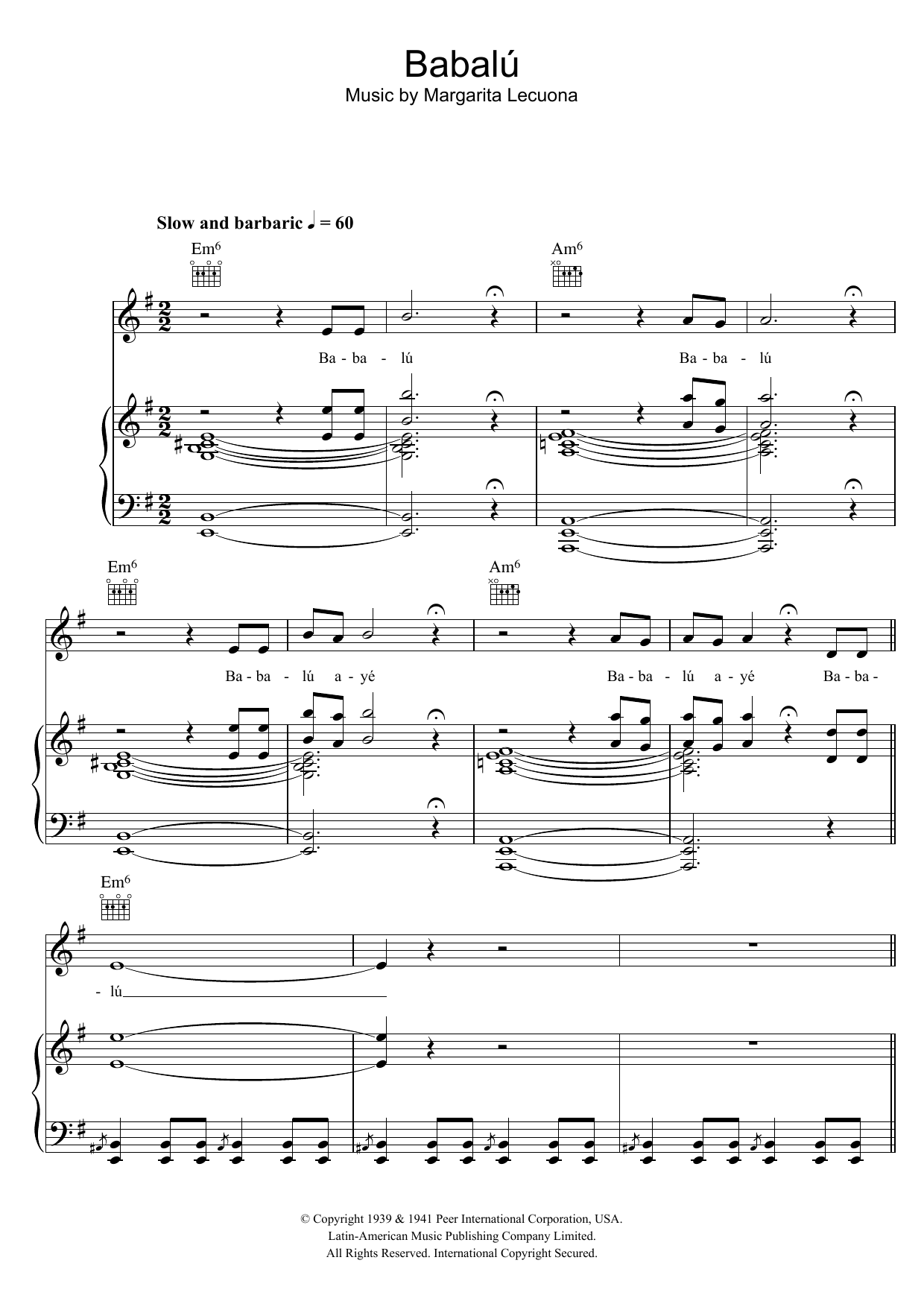 Download Margarita Lecuona Babalu Sheet Music and learn how to play Piano, Vocal & Guitar (Right-Hand Melody) PDF digital score in minutes