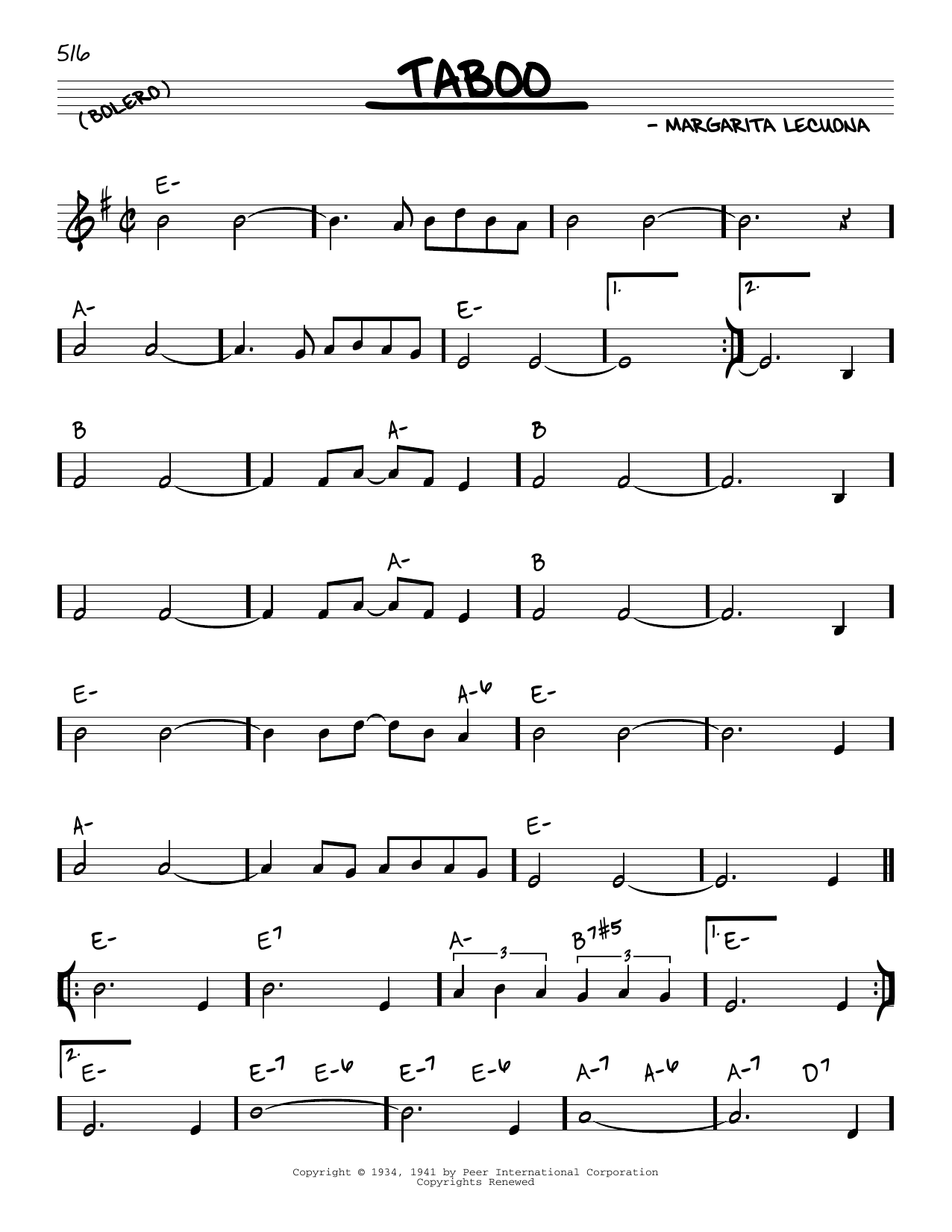 Download Margarita Lecuona Taboo Sheet Music and learn how to play Real Book – Melody & Chords PDF digital score in minutes