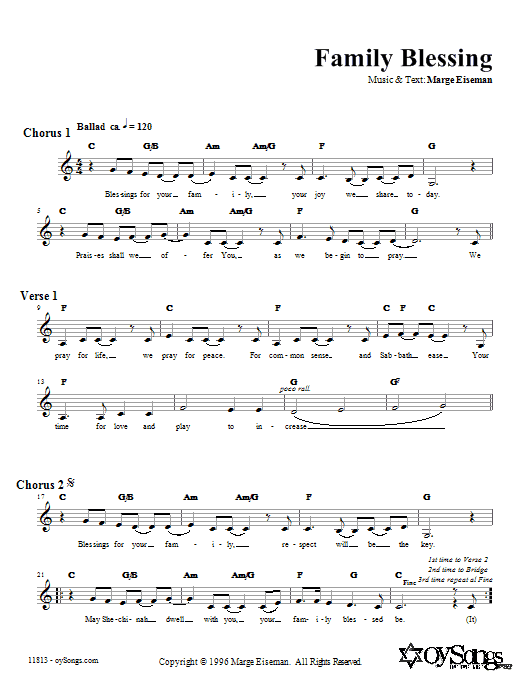 Download Marge Eiseman Family Blessing Sheet Music and learn how to play Melody Line, Lyrics & Chords PDF digital score in minutes