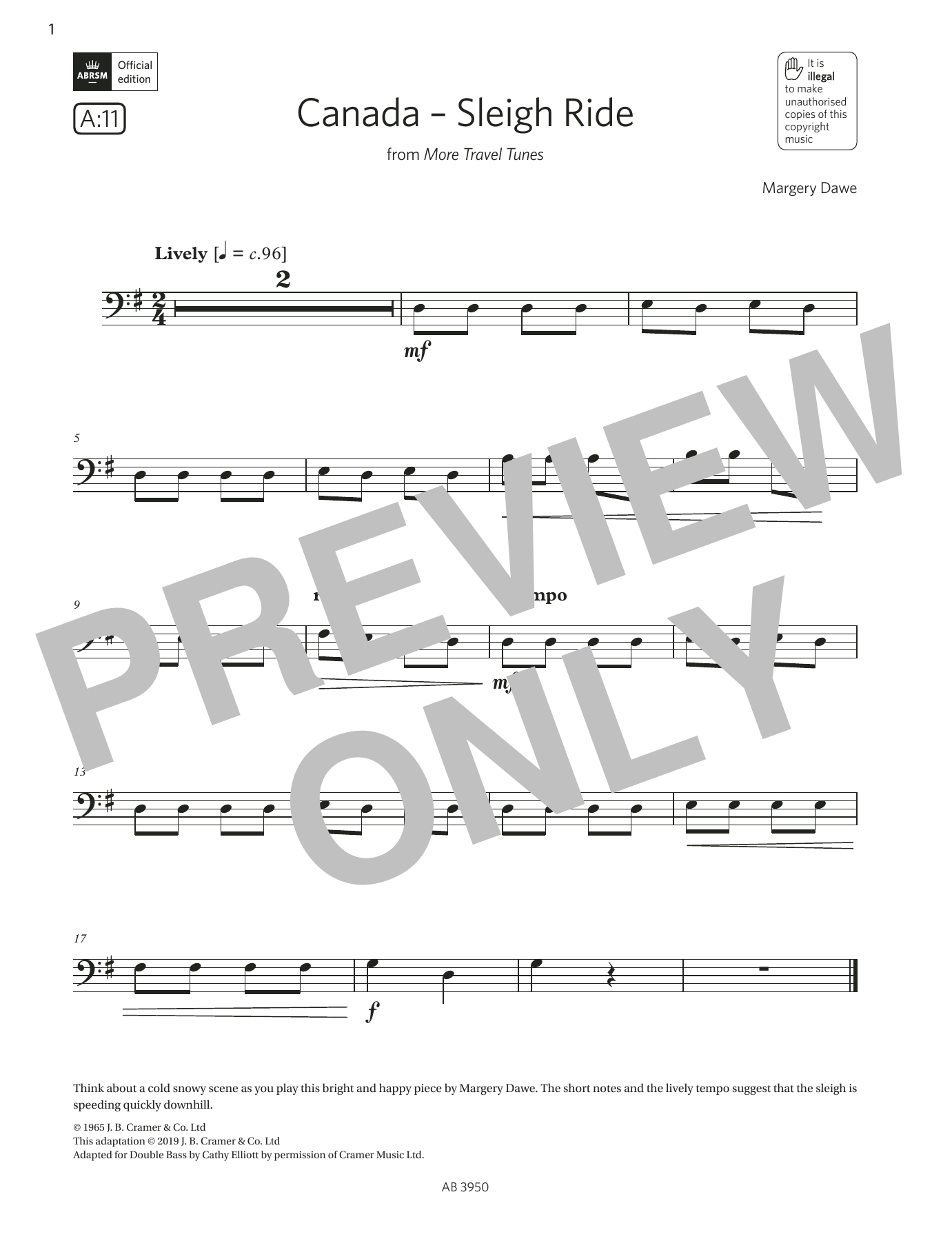 Download Margery Dawe Canada - Sleigh Ride (Grade Initial, A11, from the ABRSM Double Bass Syllabus fr Sheet Music and learn how to play String Bass Solo PDF digital score in minutes