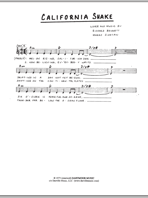 Download Margo Guryan California Shake Sheet Music and learn how to play Lead Sheet / Fake Book PDF digital score in minutes
