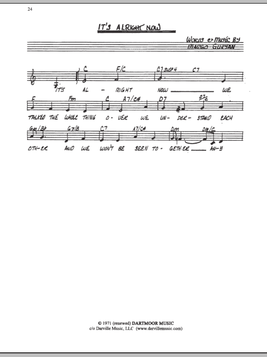 Download Margo Guryan It's Alright Now Sheet Music and learn how to play Lead Sheet / Fake Book PDF digital score in minutes