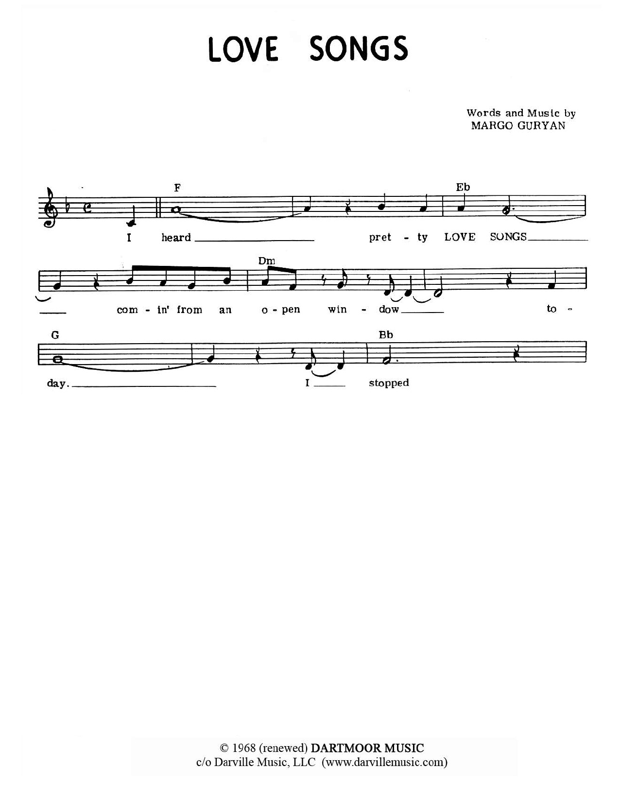 Download Margo Guryan Love Songs Sheet Music and learn how to play Melody Line, Lyrics & Chords PDF digital score in minutes