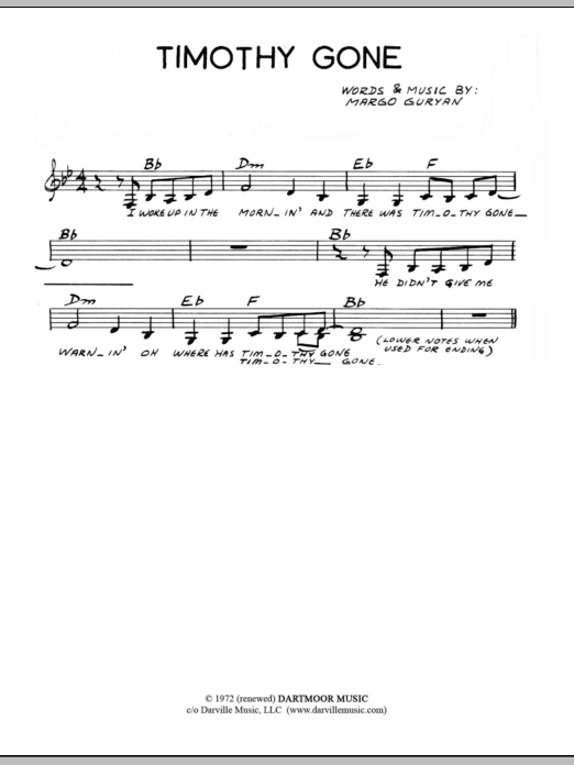 Download Margo Guryan Timothy Gone Sheet Music and learn how to play Lead Sheet / Fake Book PDF digital score in minutes