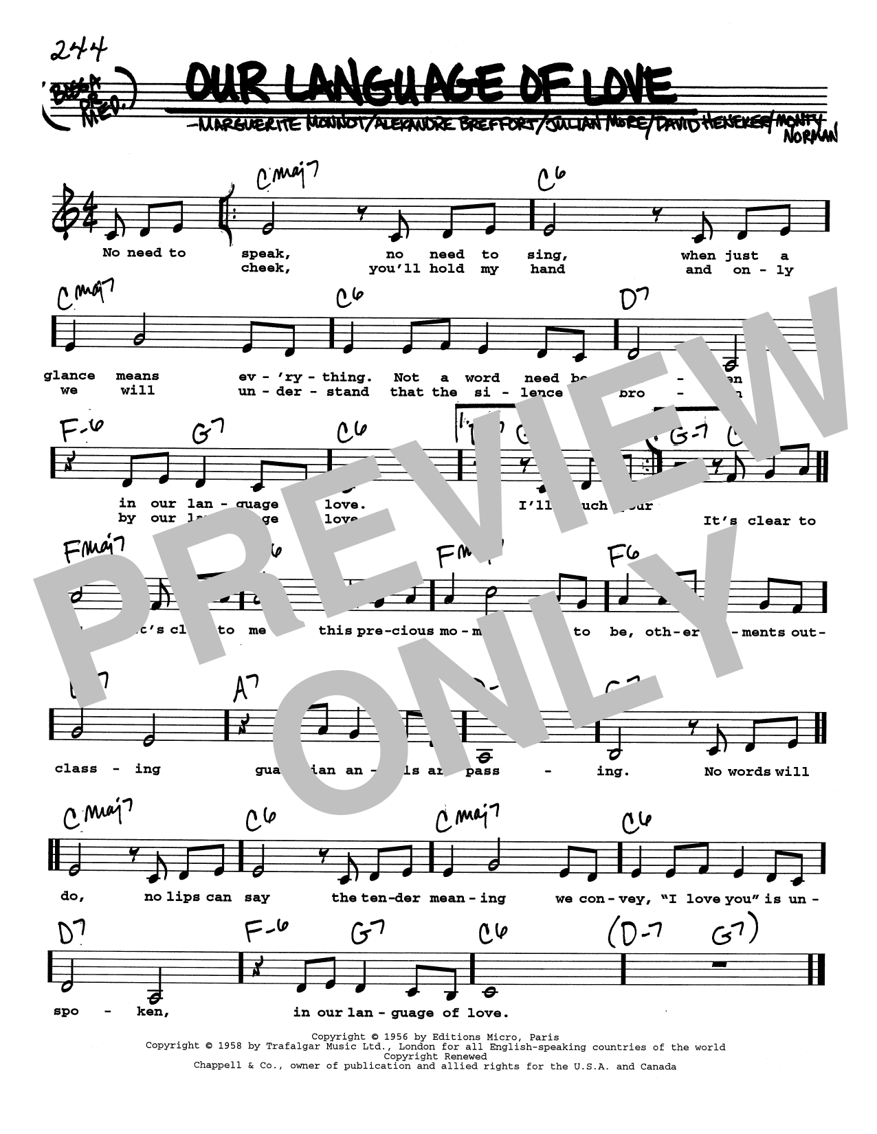 Download Marguerite Monnot Our Language Of Love (Low Voice) Sheet Music and learn how to play Real Book – Melody, Lyrics & Chords PDF digital score in minutes