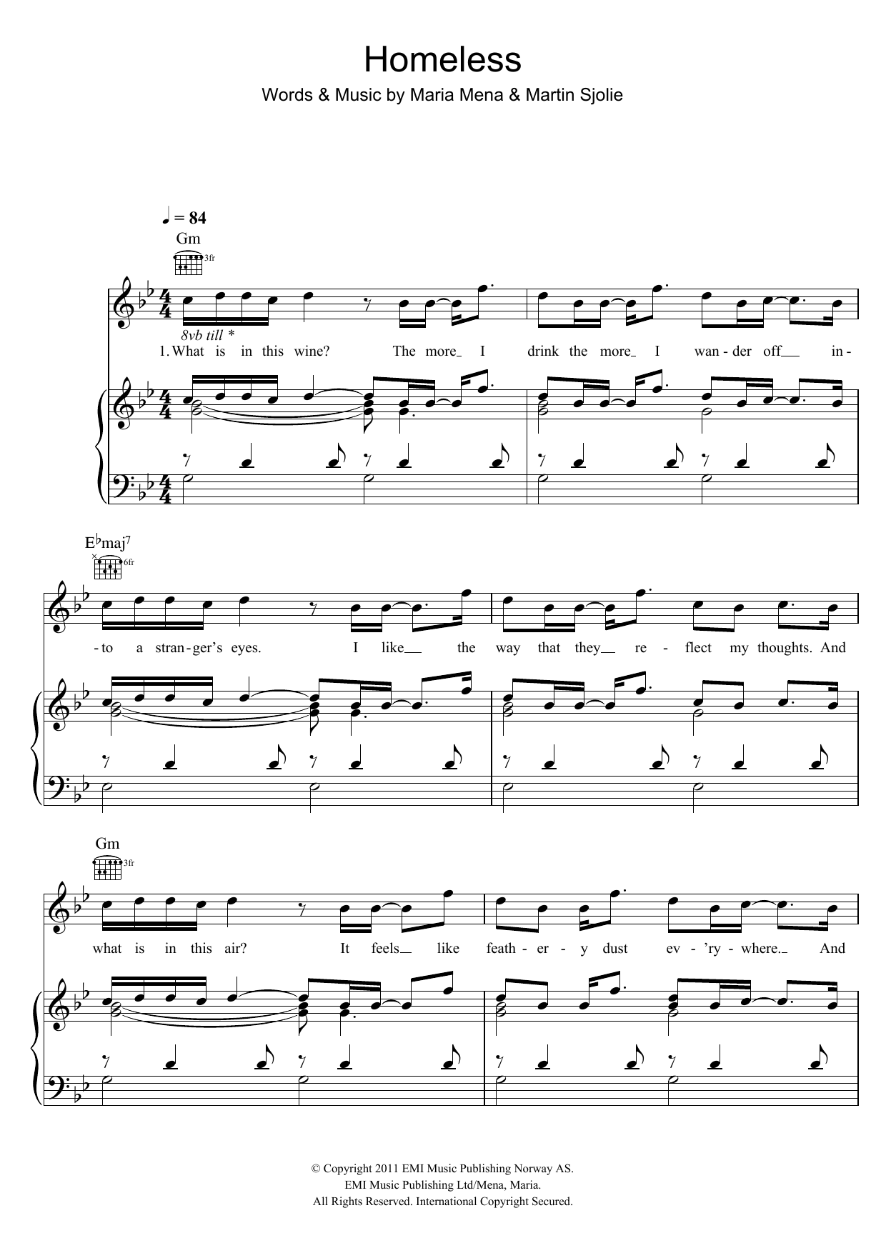Download Maria Mena Homeless Sheet Music and learn how to play Piano, Vocal & Guitar (Right-Hand Melody) PDF digital score in minutes