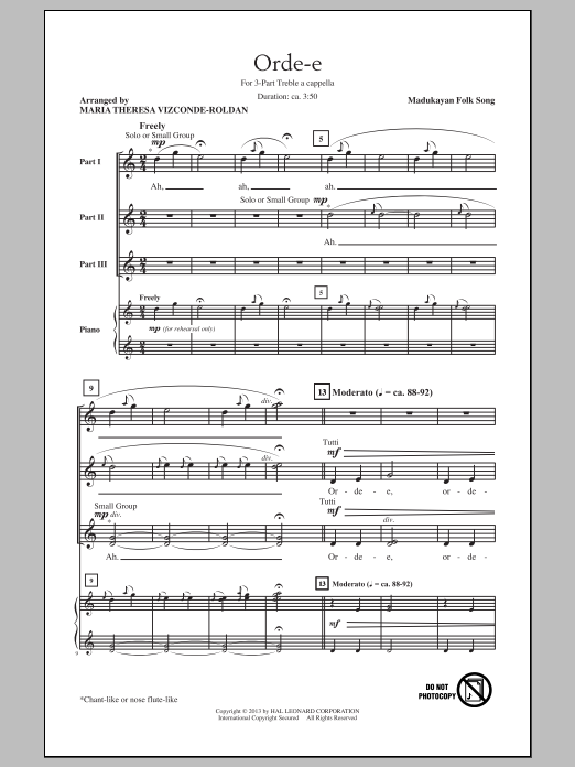 Download Traditional Folksong Orde-E (arr. Maria Theresa Vizconde-Roldan) Sheet Music and learn how to play 3-Part Treble PDF digital score in minutes