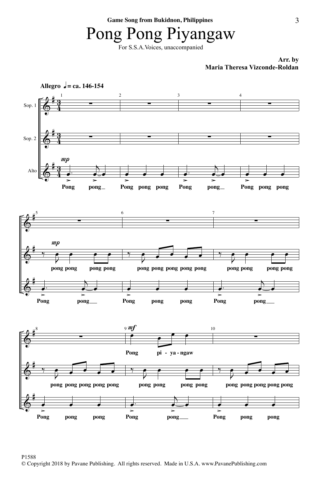 Download Maria Theresa Vizconde-Roldan Pong Pong Piyangaw Sheet Music and learn how to play SSA Choir PDF digital score in minutes