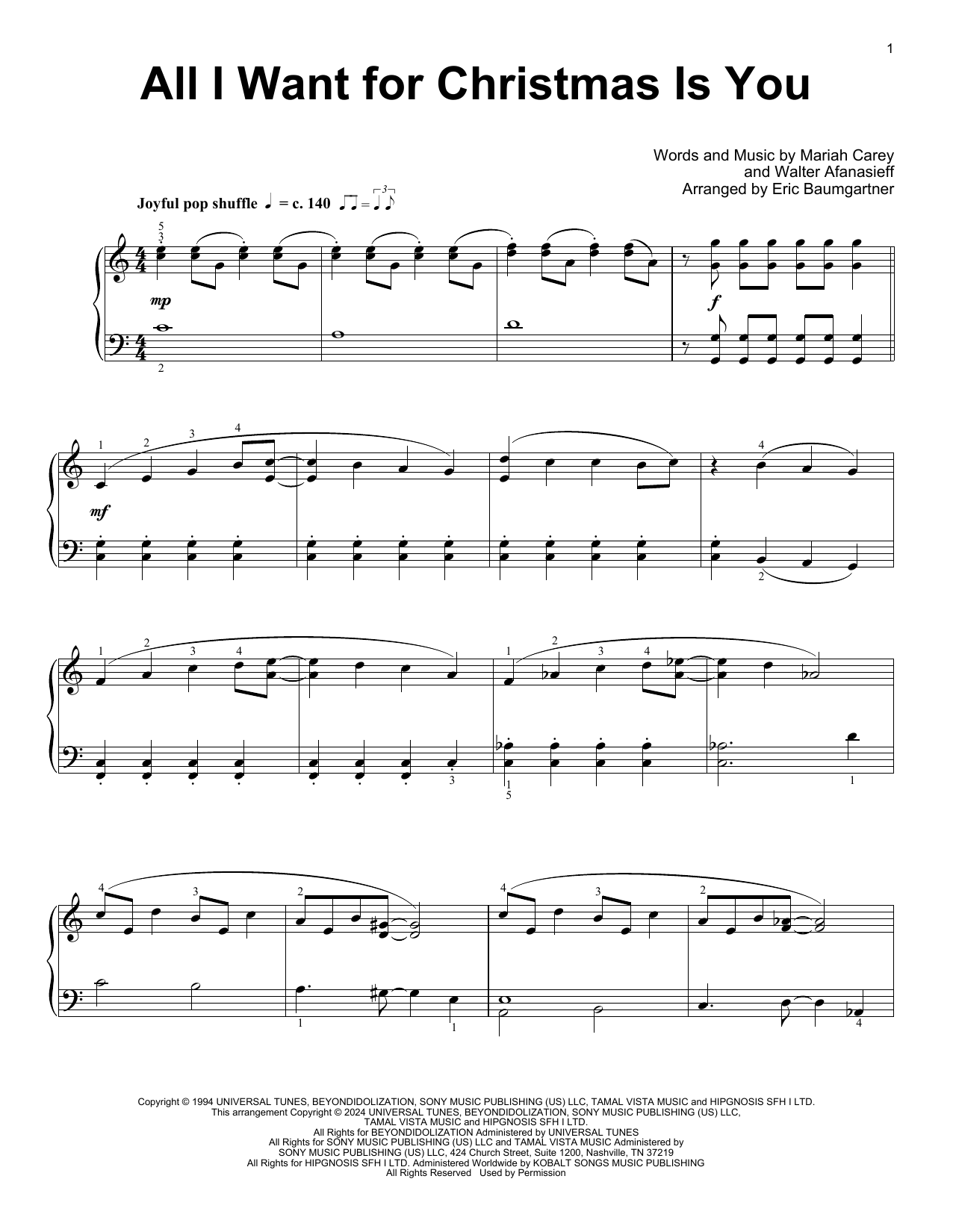 Download Mariah Carey All I Want For Christmas Is You (arr. Eric Baumgartner) Sheet Music and learn how to play Educational Piano PDF digital score in minutes