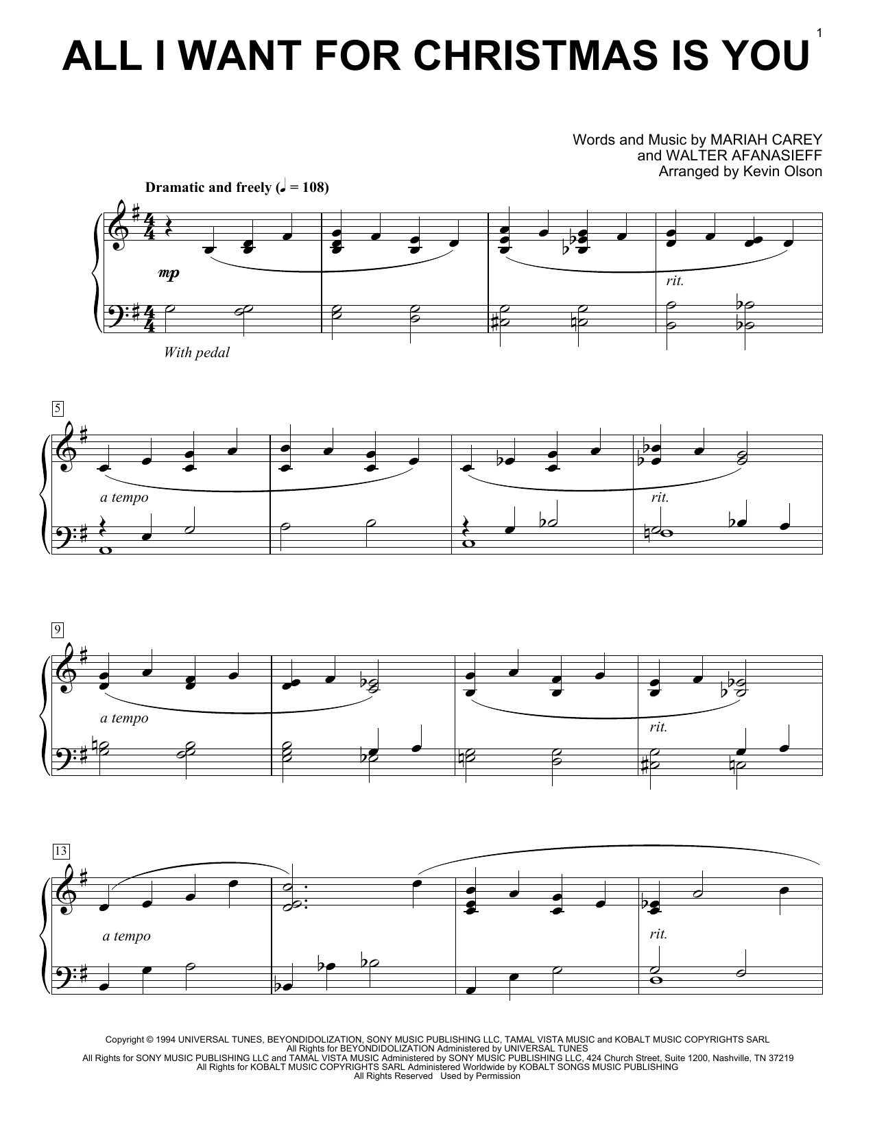 Download Mariah Carey All I Want For Christmas Is You (arr. Kevin Olson) Sheet Music and learn how to play Easy Piano Solo PDF digital score in minutes