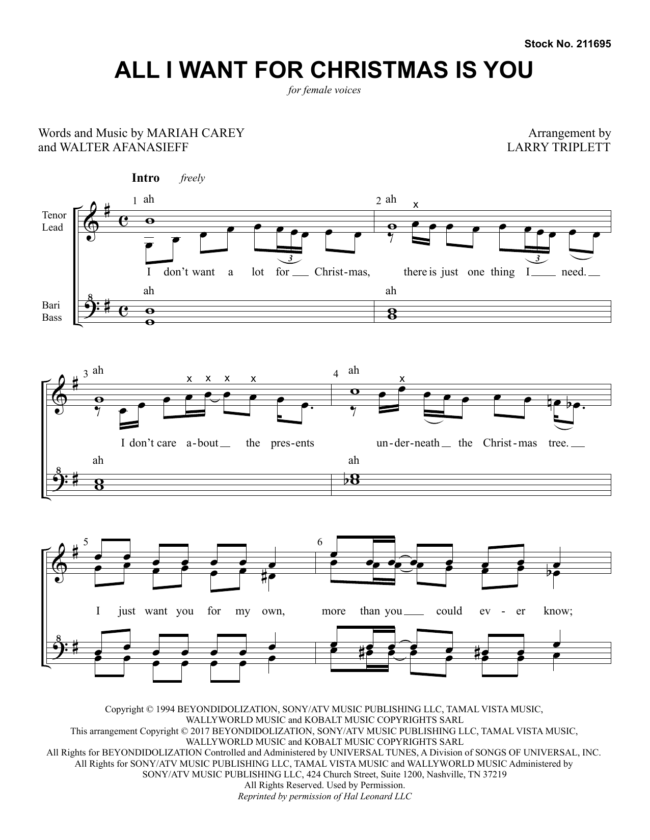 Download Mariah Carey All I Want For Christmas Is You (arr. Larry Triplett) Sheet Music and learn how to play TTBB Choir PDF digital score in minutes