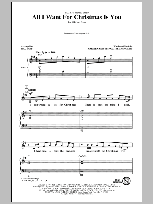 Download Mariah Carey All I Want For Christmas Is You (arr. Mac Huff) Sheet Music and learn how to play SAB PDF digital score in minutes