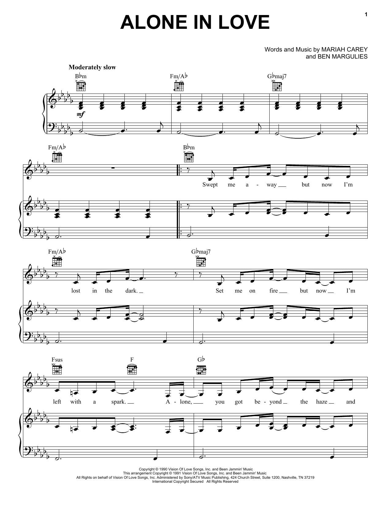 Download Mariah Carey Alone In Love Sheet Music and learn how to play Piano, Vocal & Guitar Chords (Right-Hand Melody) PDF digital score in minutes