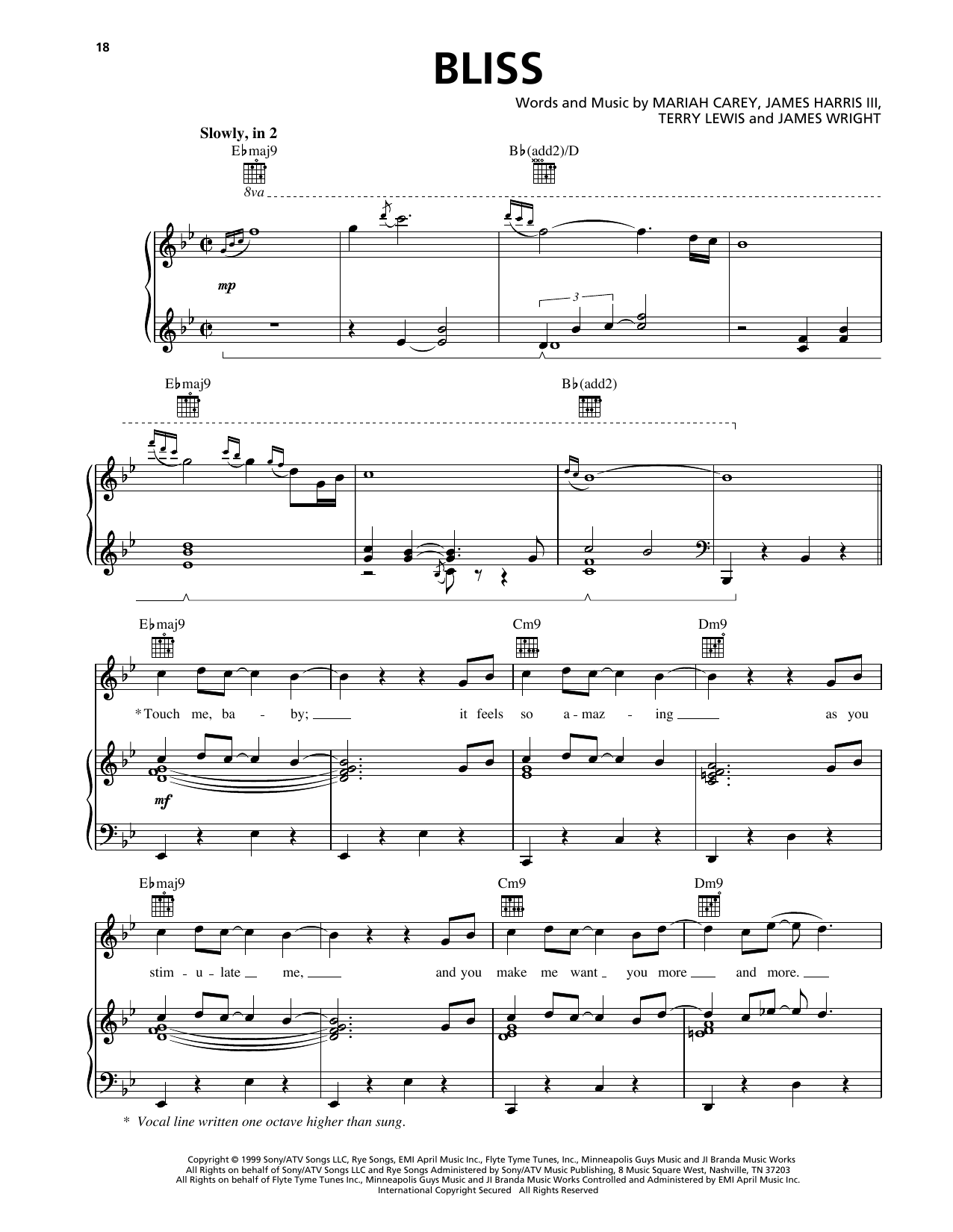 Download Mariah Carey Bliss Sheet Music and learn how to play Piano, Vocal & Guitar Chords (Right-Hand Melody) PDF digital score in minutes