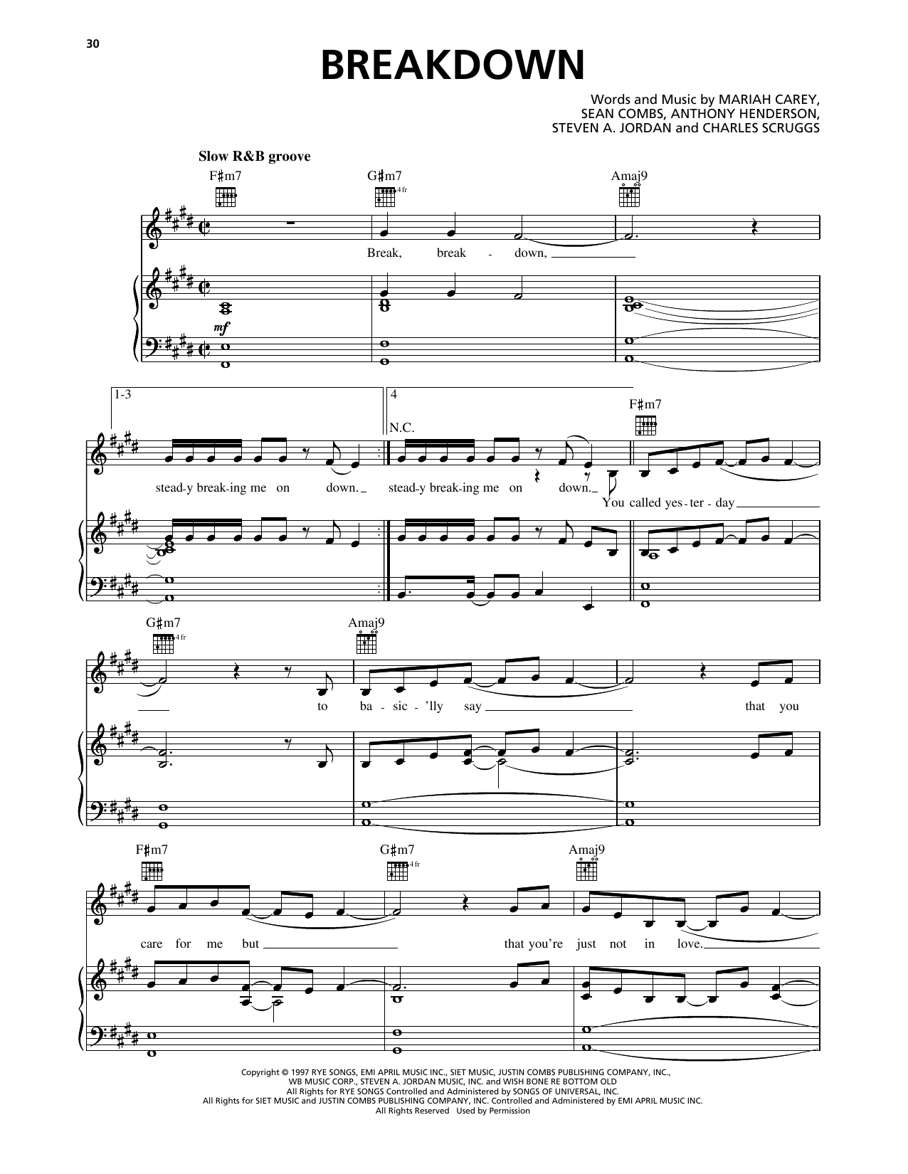 Download Mariah Carey Breakdown (feat. Krayzie Bone & Wish Bone) Sheet Music and learn how to play Piano, Vocal & Guitar Chords (Right-Hand Melody) PDF digital score in minutes