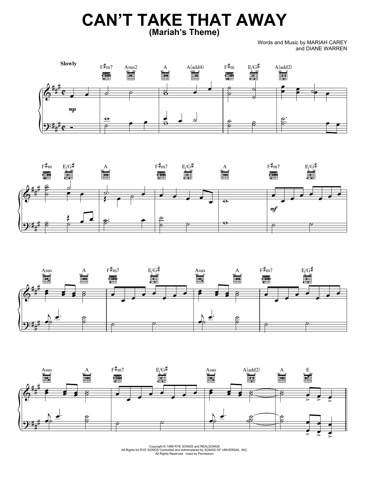 Download Mariah Carey Can't Take That Away (Mariah's Theme) Sheet Music and learn how to play Piano, Vocal & Guitar Chords (Right-Hand Melody) PDF digital score in minutes