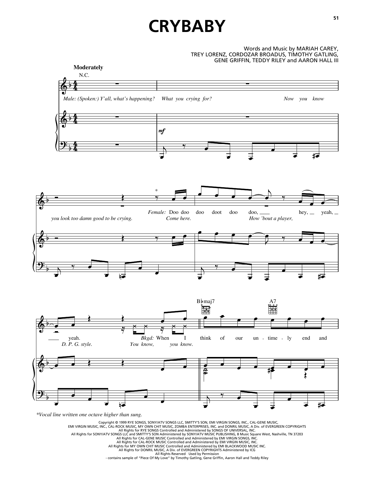 Download Mariah Carey Crybaby (feat. Snoop Dogg) Sheet Music and learn how to play Piano, Vocal & Guitar Chords (Right-Hand Melody) PDF digital score in minutes