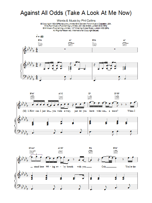 Download Mariah Carey and Westlife Against All Odds (Take A Look At Me Now) Sheet Music and learn how to play Piano, Vocal & Guitar PDF digital score in minutes