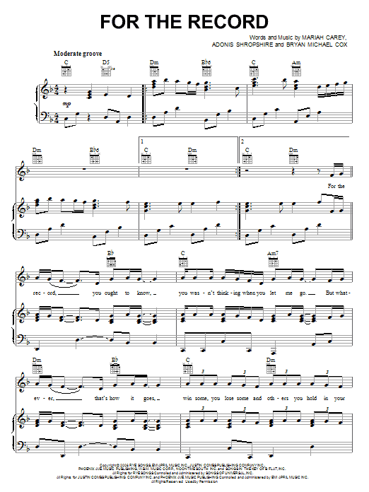 Download Mariah Carey For The Record Sheet Music and learn how to play Piano, Vocal & Guitar (Right-Hand Melody) PDF digital score in minutes