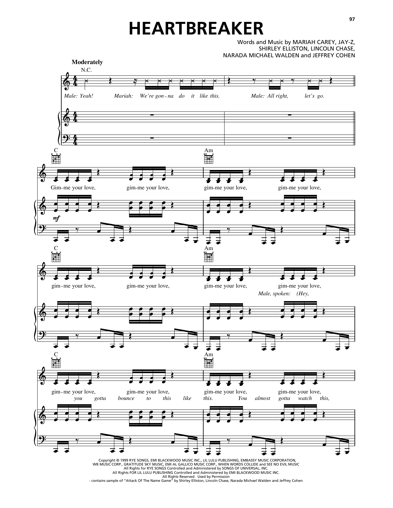 Download Mariah Carey Heartbreaker (feat. JAY-Z) Sheet Music and learn how to play Piano, Vocal & Guitar Chords (Right-Hand Melody) PDF digital score in minutes