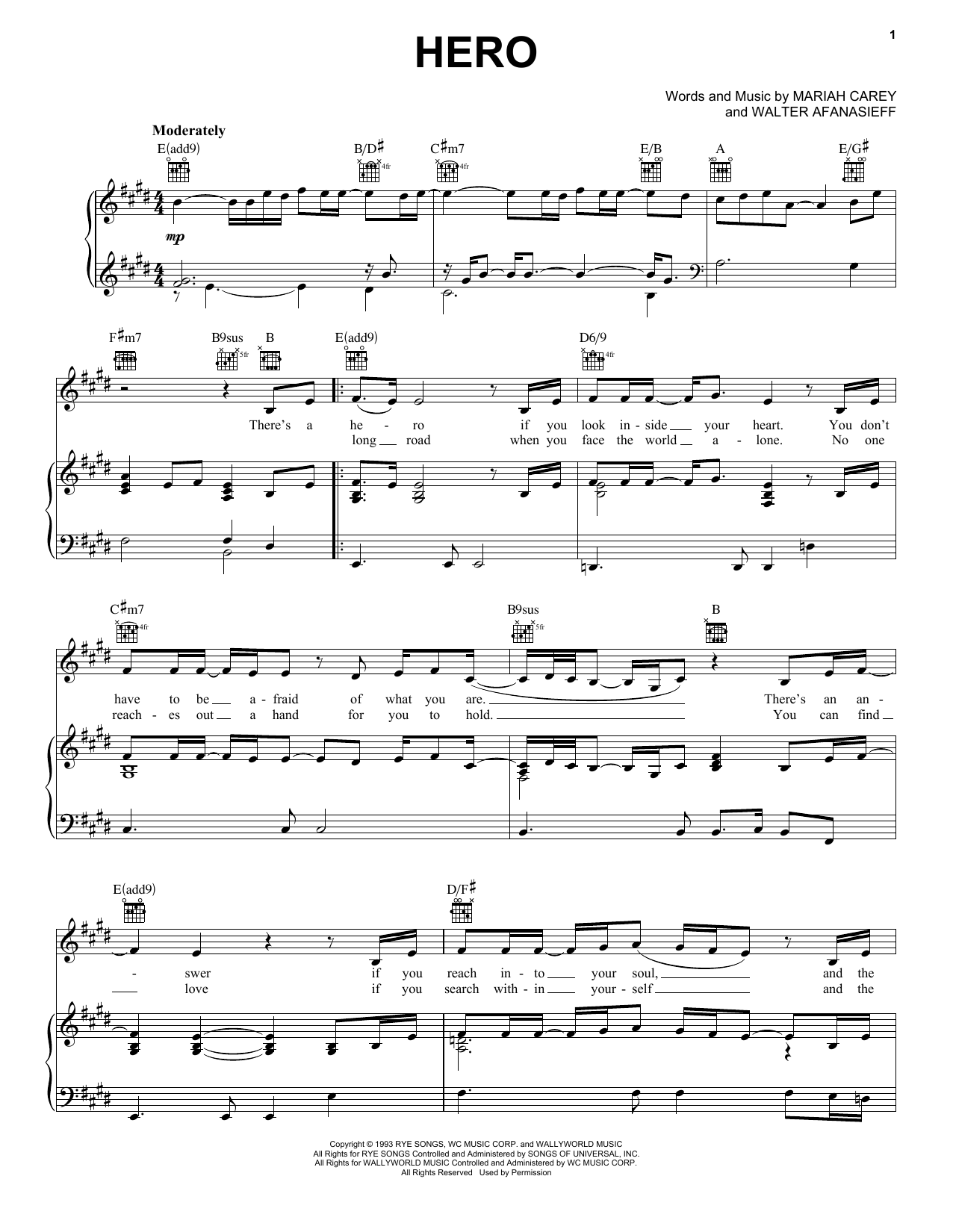 Download Mariah Carey Hero Sheet Music and learn how to play Piano, Vocal & Guitar (Right-Hand Melody) PDF digital score in minutes