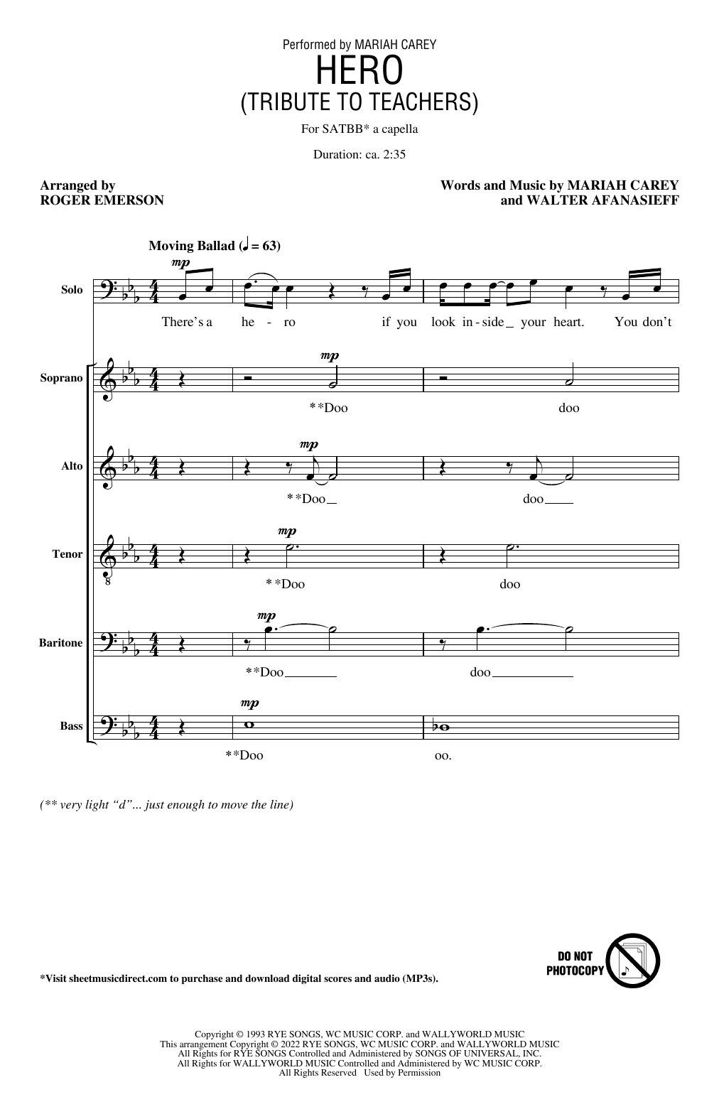 Download Mariah Carey Hero (Tribute To Teachers) (arr. Roger Emerson) Sheet Music and learn how to play SATB Choir PDF digital score in minutes