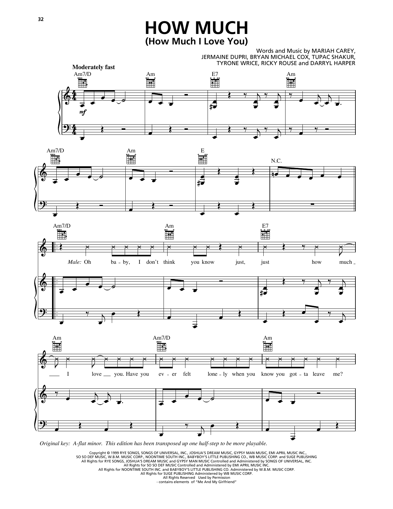Download Mariah Carey How Much (How Much I Love You) (feat. Usher) Sheet Music and learn how to play Piano, Vocal & Guitar Chords (Right-Hand Melody) PDF digital score in minutes