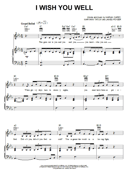 Download Mariah Carey I Wish You Well Sheet Music and learn how to play Piano, Vocal & Guitar (Right-Hand Melody) PDF digital score in minutes