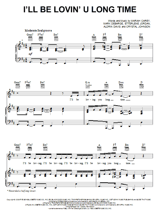 Download Mariah Carey I'll Be Lovin' U Long Time Sheet Music and learn how to play Piano, Vocal & Guitar (Right-Hand Melody) PDF digital score in minutes
