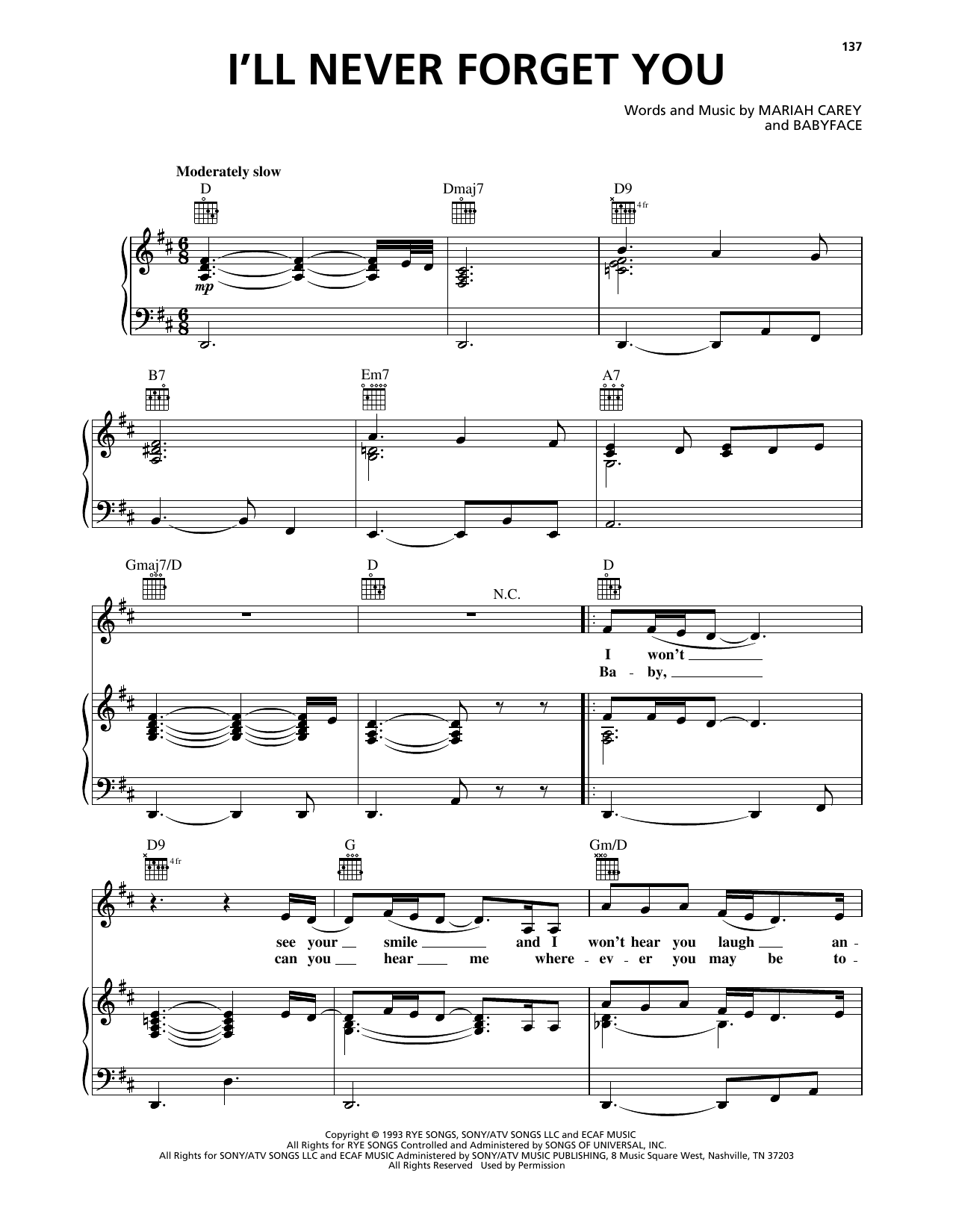 Download Mariah Carey I'll Never Forget You Sheet Music and learn how to play Piano, Vocal & Guitar Chords (Right-Hand Melody) PDF digital score in minutes