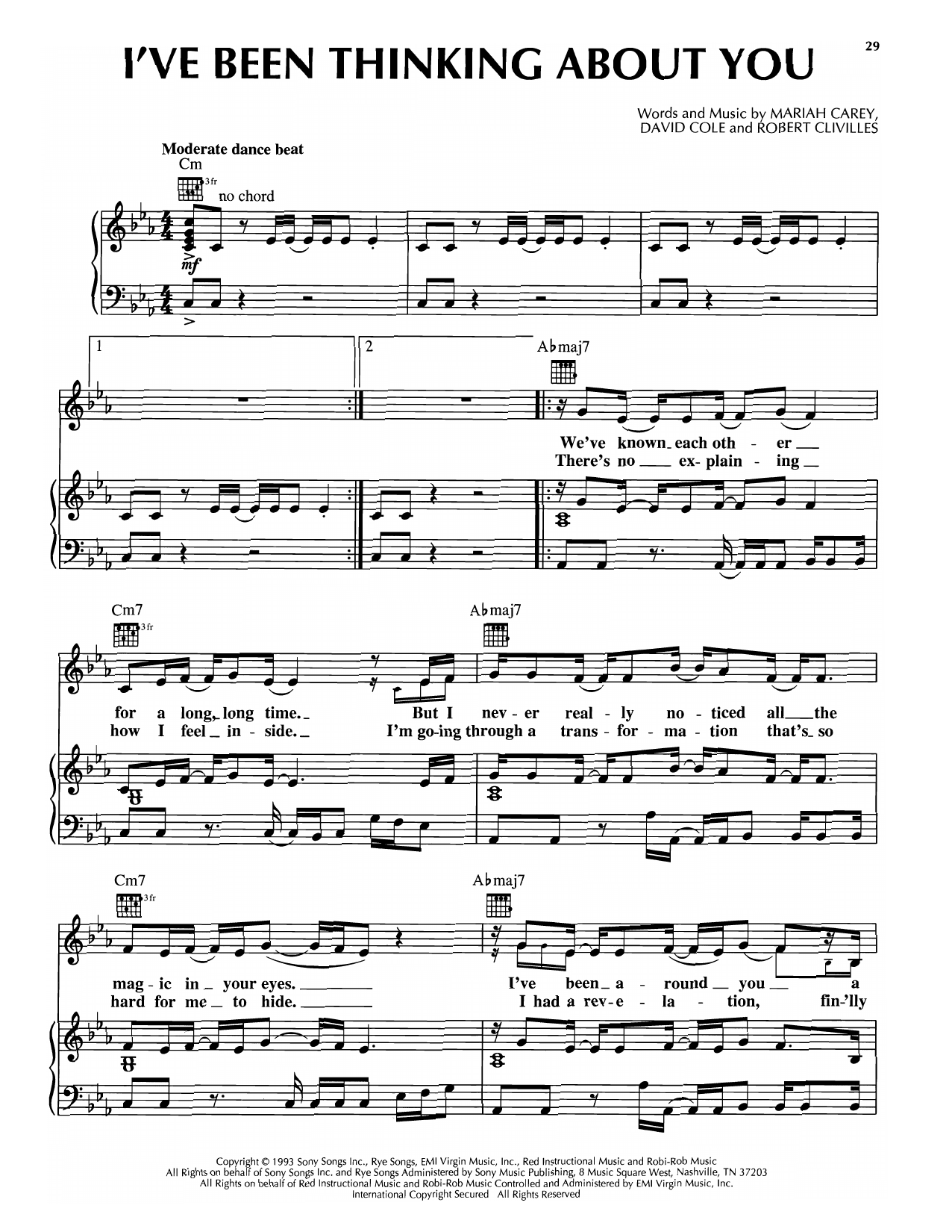 Download Mariah Carey I've Been Thinking About You Sheet Music and learn how to play Piano, Vocal & Guitar Chords (Right-Hand Melody) PDF digital score in minutes