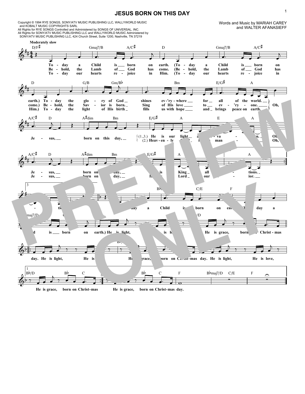 Download Mariah Carey Jesus Born On This Day Sheet Music and learn how to play Melody Line, Lyrics & Chords PDF digital score in minutes