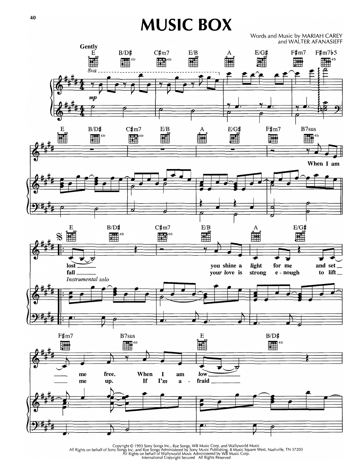 Download Mariah Carey Music Box Sheet Music and learn how to play Piano, Vocal & Guitar Chords (Right-Hand Melody) PDF digital score in minutes