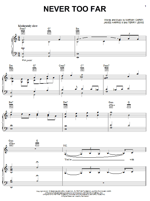 Download Mariah Carey Never Too Far Sheet Music and learn how to play Piano, Vocal & Guitar (Right-Hand Melody) PDF digital score in minutes