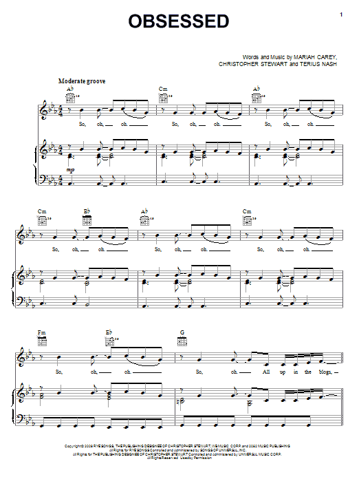 Download Mariah Carey Obsessed Sheet Music and learn how to play Piano, Vocal & Guitar (Right-Hand Melody) PDF digital score in minutes