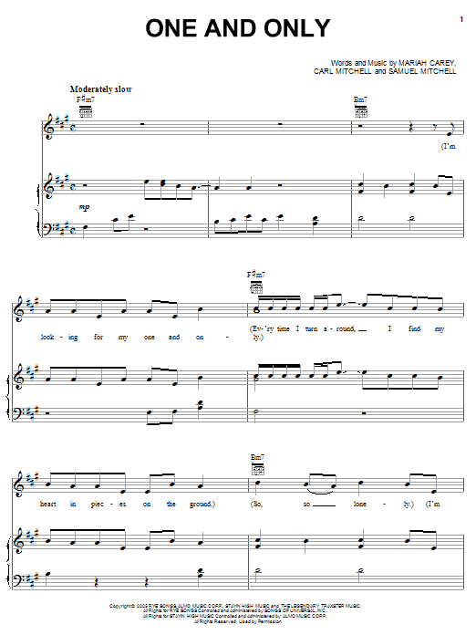 Download Mariah Carey One And Only Sheet Music and learn how to play Piano, Vocal & Guitar (Right-Hand Melody) PDF digital score in minutes