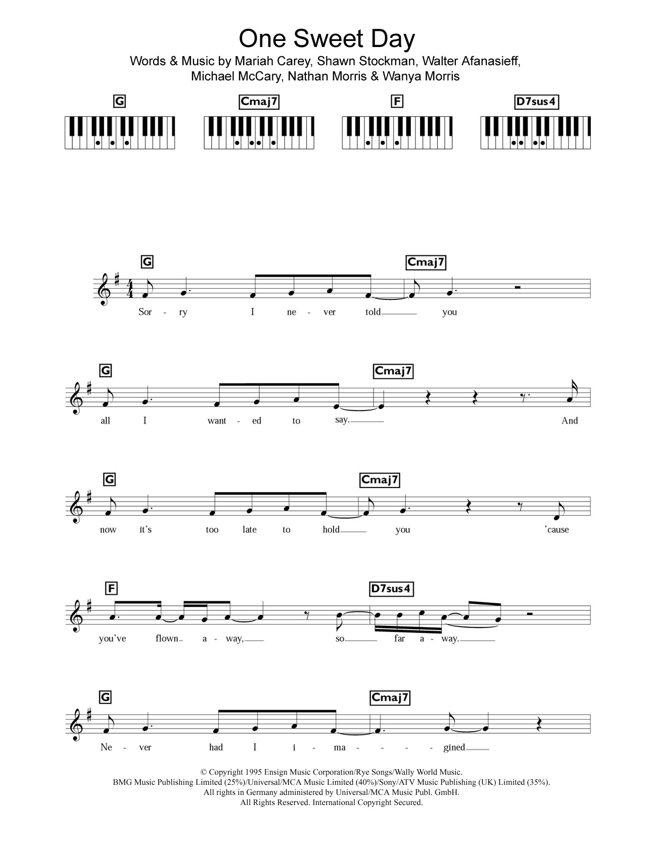 Download Mariah Carey One Sweet Day Sheet Music and learn how to play Piano Chords/Lyrics PDF digital score in minutes