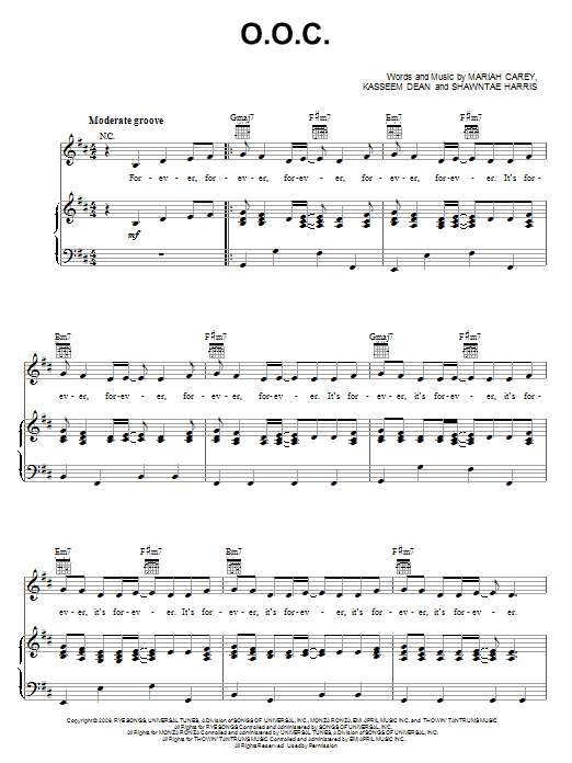 Download Mariah Carey O.O.C. Sheet Music and learn how to play Piano, Vocal & Guitar (Right-Hand Melody) PDF digital score in minutes