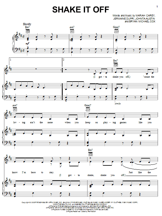 Download Mariah Carey Shake It Off Sheet Music and learn how to play Piano, Vocal & Guitar (Right-Hand Melody) PDF digital score in minutes