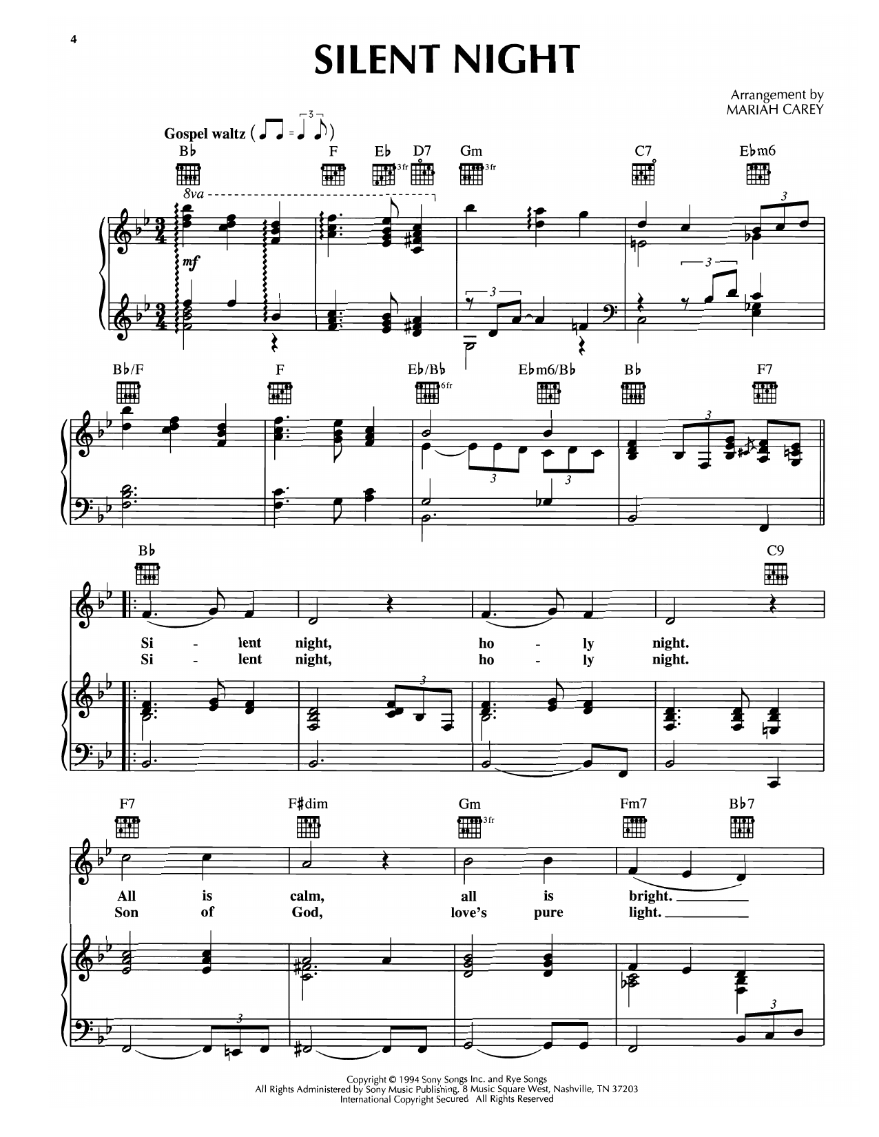 Download Mariah Carey Silent Night Sheet Music and learn how to play Piano, Vocal & Guitar Chords (Right-Hand Melody) PDF digital score in minutes