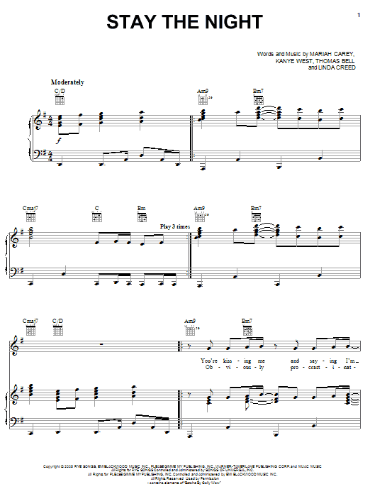 Download Mariah Carey Stay The Night Sheet Music and learn how to play Piano, Vocal & Guitar (Right-Hand Melody) PDF digital score in minutes