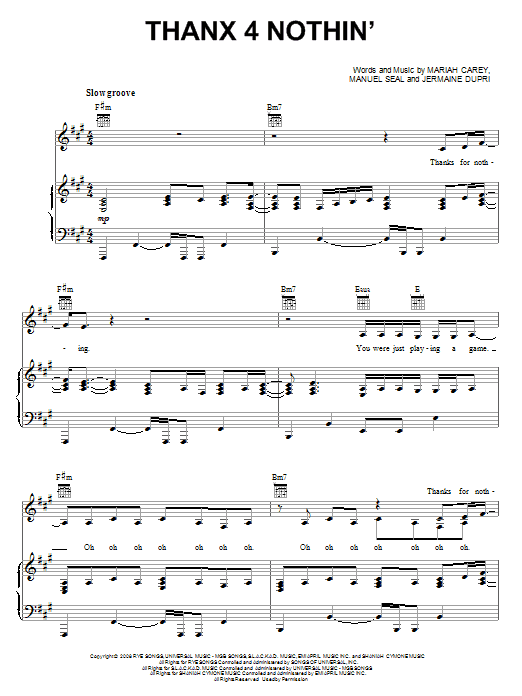 Download Mariah Carey Thanx 4 Nothin' Sheet Music and learn how to play Piano, Vocal & Guitar (Right-Hand Melody) PDF digital score in minutes