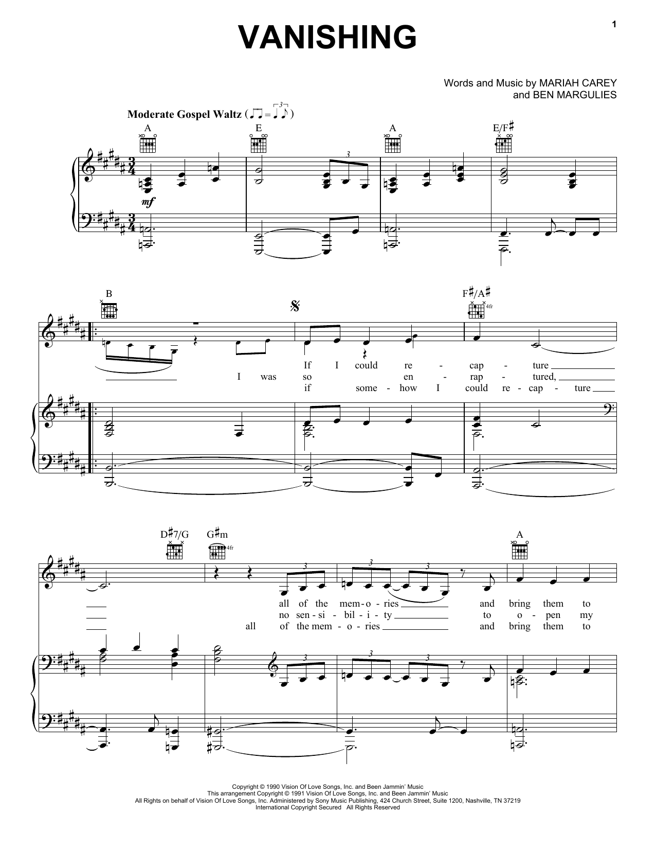 Download Mariah Carey Vanishing Sheet Music and learn how to play Piano, Vocal & Guitar Chords (Right-Hand Melody) PDF digital score in minutes