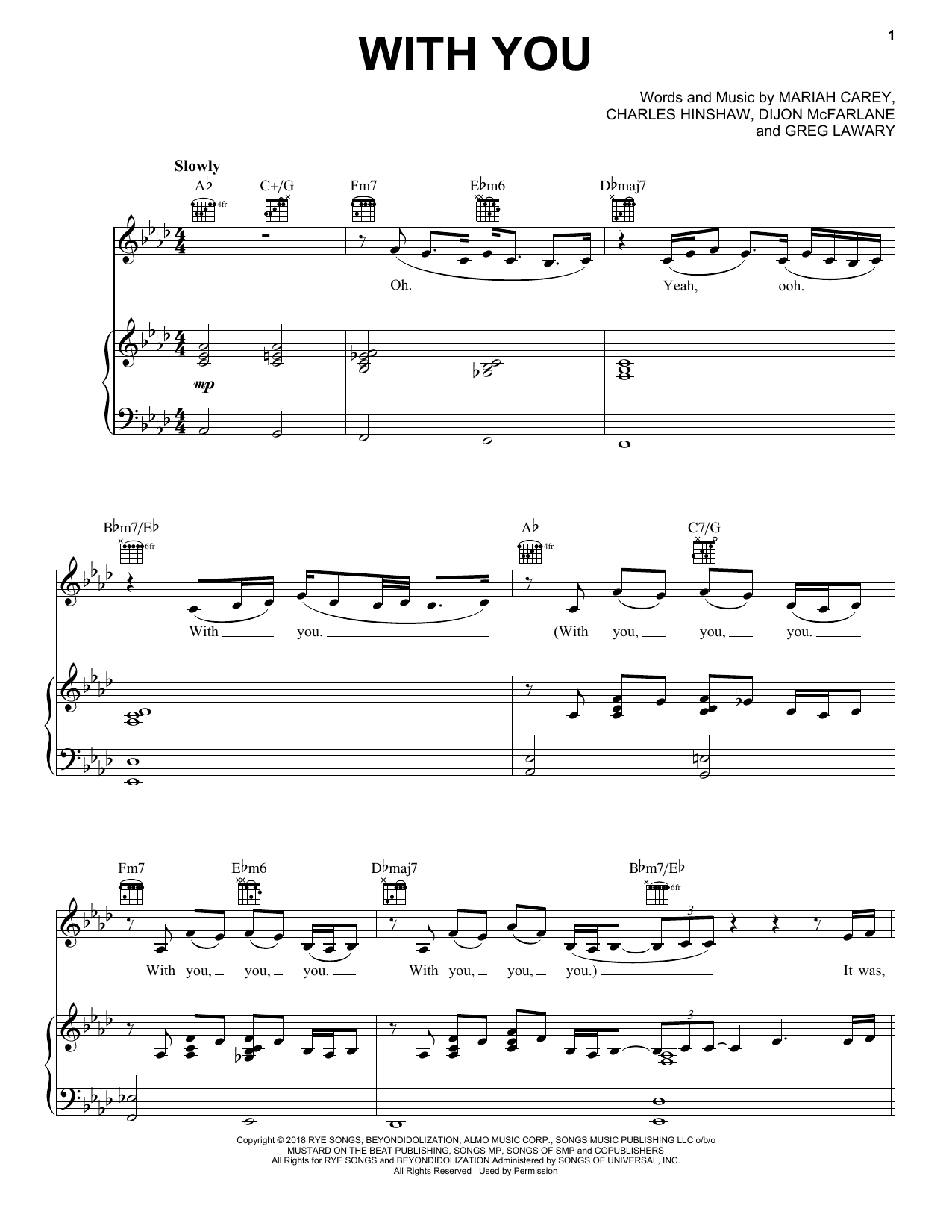 Download Mariah Carey With You Sheet Music and learn how to play Piano, Vocal & Guitar Chords (Right-Hand Melody) PDF digital score in minutes