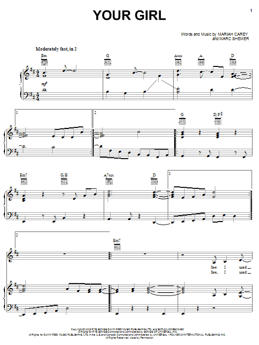 Download Mariah Carey Your Girl Sheet Music and learn how to play Piano, Vocal & Guitar (Right-Hand Melody) PDF digital score in minutes