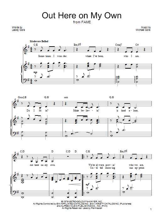 Download Mariann Cook Out Here On My Own Sheet Music and learn how to play Piano, Vocal & Guitar (Right-Hand Melody) PDF digital score in minutes