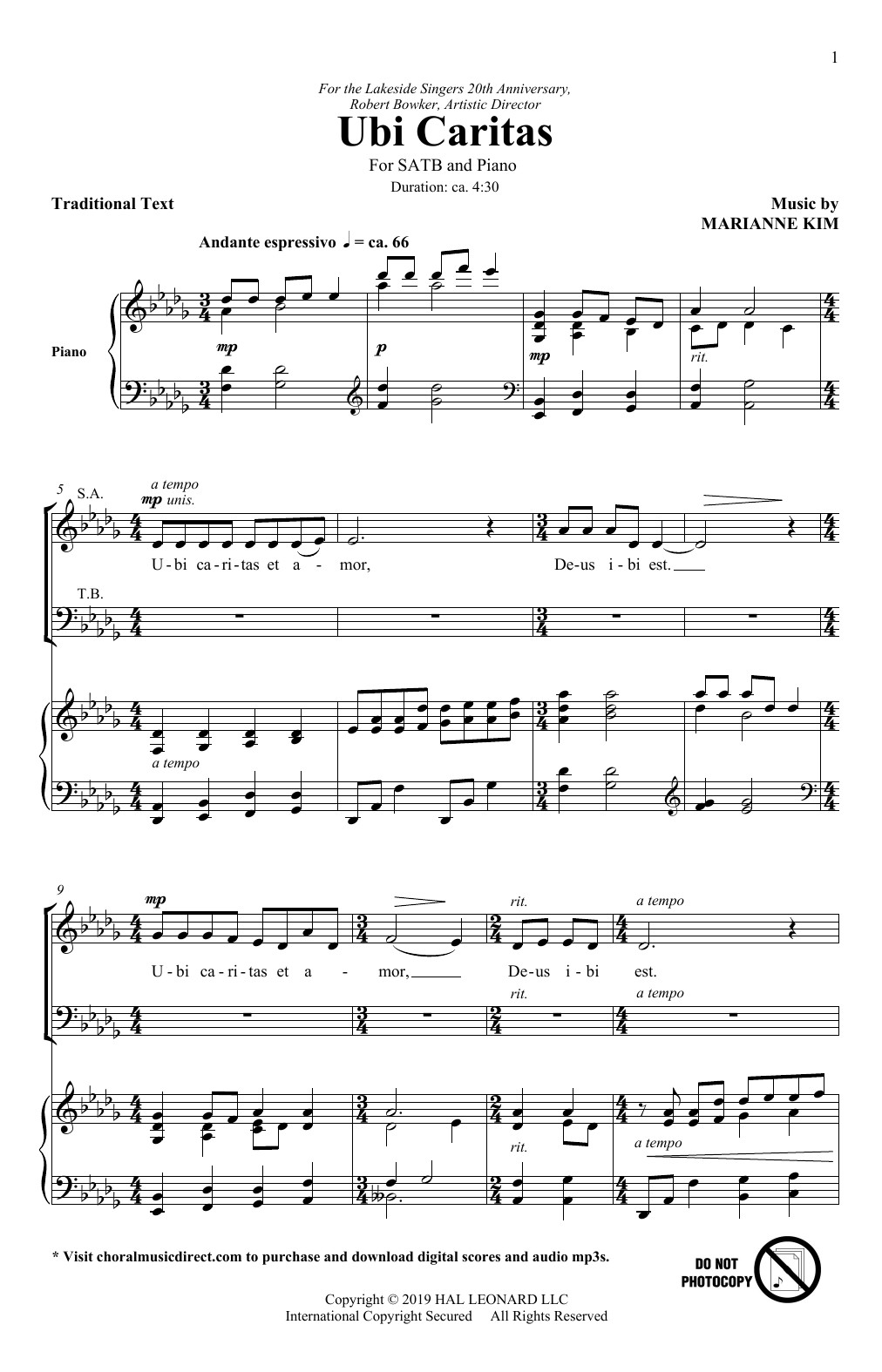 Download Marianne Kim Ubi Caritas Sheet Music and learn how to play SATB Choir PDF digital score in minutes