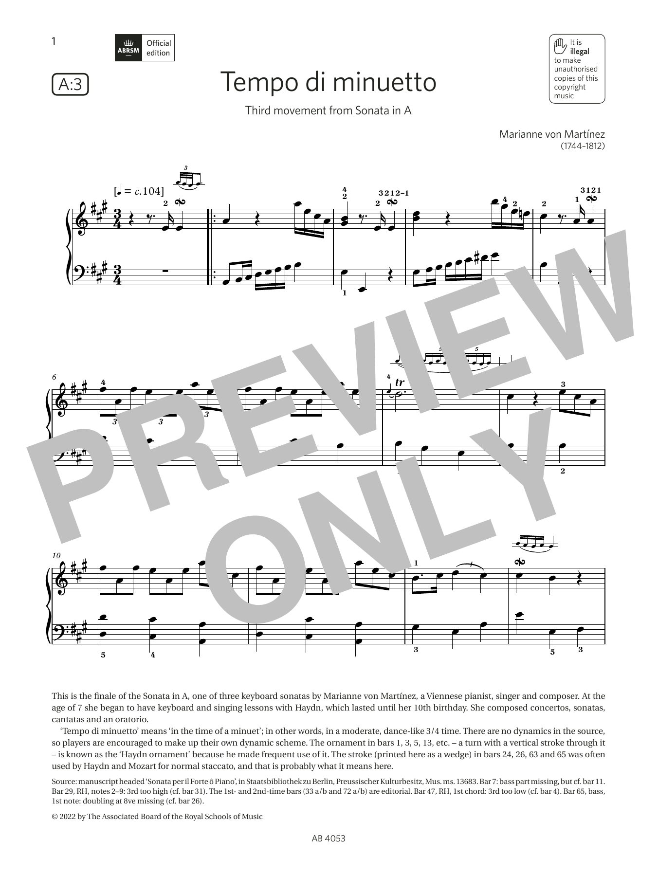 Download Marianne von Martínez Tempo di minuetto (Grade 7, list A3, from the ABRSM Piano Syllabus 2023 & 2024) Sheet Music and learn how to play Piano Solo PDF digital score in minutes